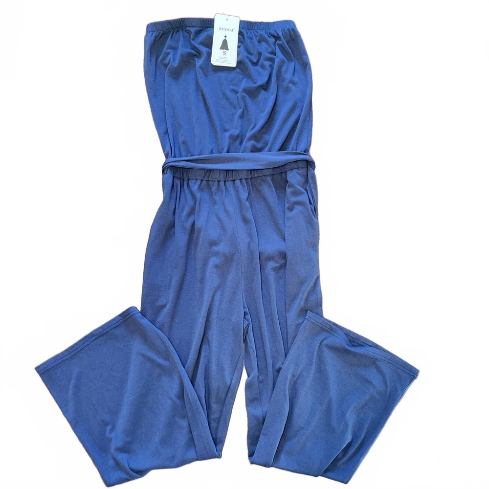 ZESICA Women's Small Navy Strapless Wide-Leg Jumpsuit Tie Waist NW
